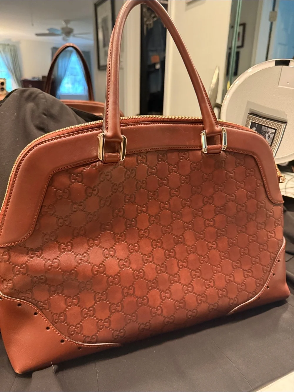 2008 Authentic Gucci Tan Brown GG Monogram Leather Satchel with Gold Hardware